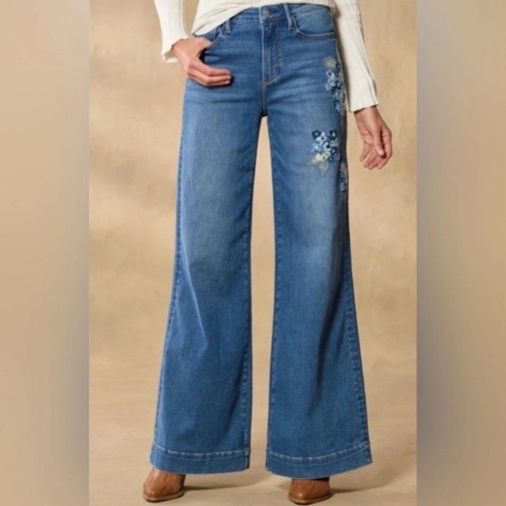 Driftwood Martha Jeans Womens 27 Blue Excellent Floral Embroidered Wide Leg High